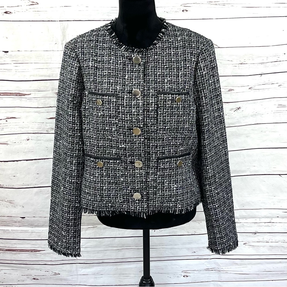 Ted Baker Tweed Blazer Women's Size 5 US 12 Black/White Buttons Plaid